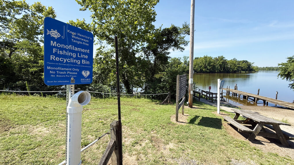 A fishing line recycling station at the Deep Bottom Park riverside.