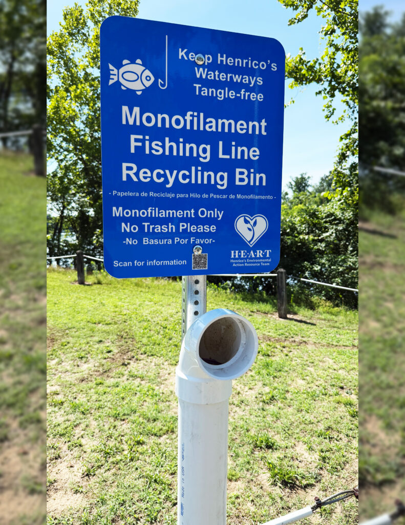 Fishing line recycling station sign. More info in webpage text.