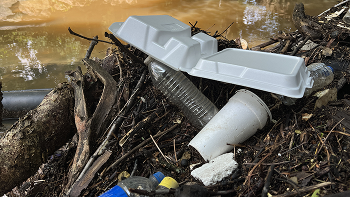 Mixture of trash next to a lake including styrofoam containers and plastic beverage containers.