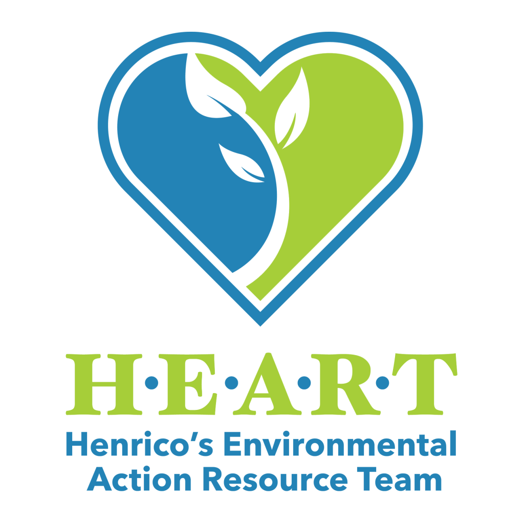 HEART shaped logo of bright green & teal colors with white leaves on a branch in the middle. Henrico's Environmental Action Resource Committee text underneath in bright green & teal.