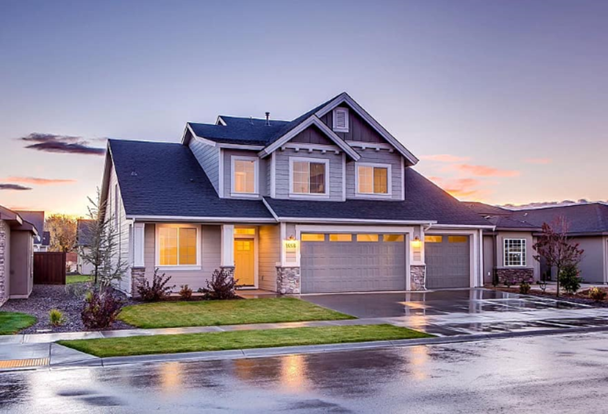 Exterior of a home at sunset.