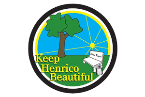 A logo of a black circle outline with a yellow half circle inside. In the center is a graphic with a green tree on sky blue background & a depiction of a yellow sun with rays to the right. On the lower half, a green grass background with a white bench & the words Keep Henrico Beautiful in yellow stacked.