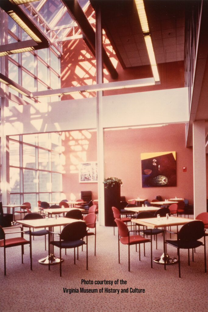 A cafeteria with large glass windows