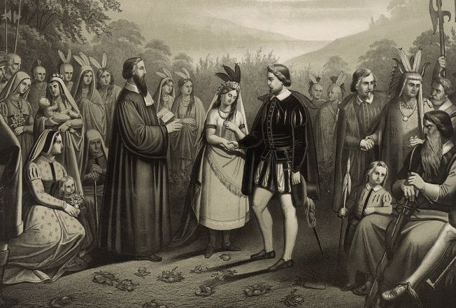A historical drawing of the marriage of Pochahontas and John Rolfe with a crowd of people surrounding them.