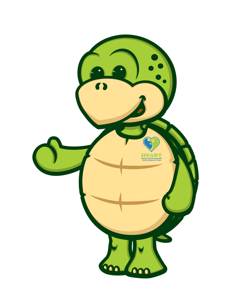 Stewart the Eco-Turtle mascot cutout with his arm held out