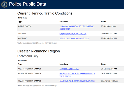 snapshot of area current traffic accidents and hazards system