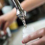 A person fills a bottle with water from a sink.